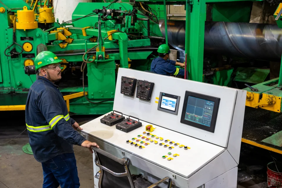 Persona operando maquinaria; muestra el trabajo dentro de la planta.